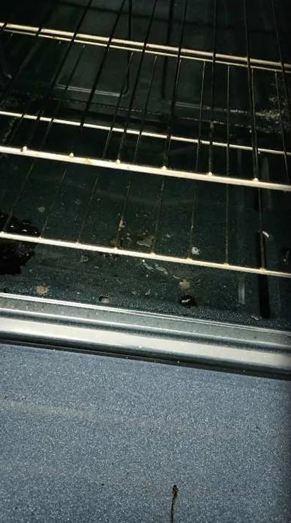 The inside of an oven with burnt residue on the racks and floor