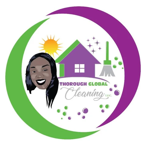 The Thorough Global Cleaning logo, with a drawing of Laquita beside a purple house, a broom and bubbles