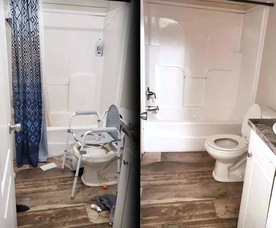 Before and after photos of a bathroom cleaned by Thorough Global Cleaning: items on the floor, then a clear floor and a white tub