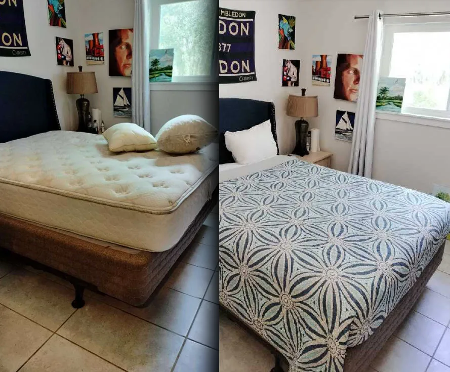 Before and after photos of a bedroom cleaned by Thorough Global Cleaning: a bare mattress, then a made bed