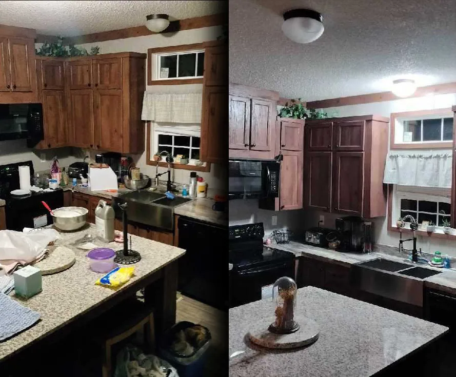 Before and after photos of a kitchen cleaned by Thorough Global Cleaning: counters covered in dishes, then cleared and wiped