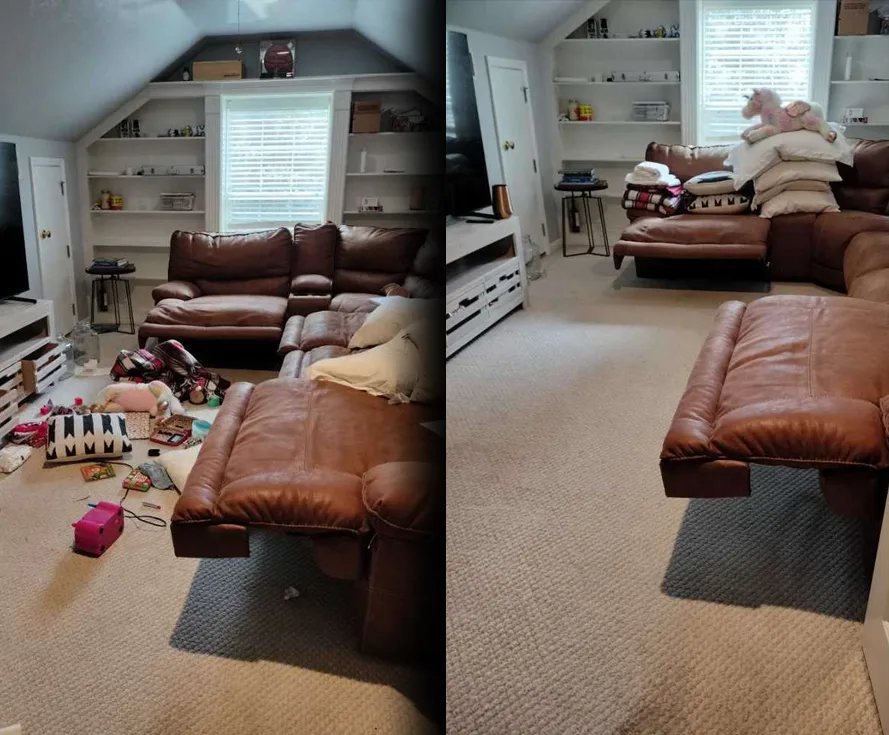 Before and after photos of an upstairs living room cleaned by Thorough Global Cleaning: toys across the carpet, then a clear floor
