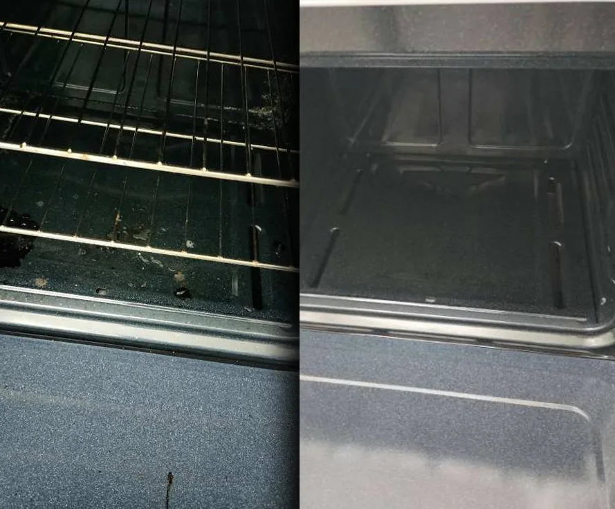 Before and after photos of an oven cleaned by Thorough Global Cleaning: burnt residue, then a clean interior