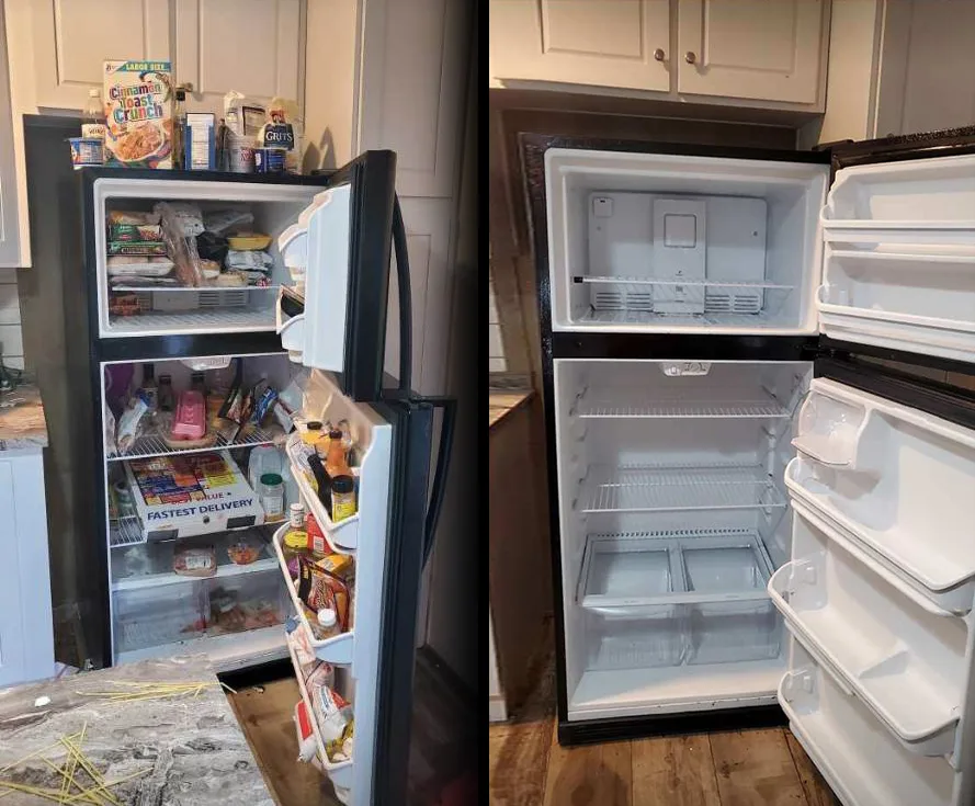 Before and after photos of a refrigerator cleaned by Thorough Global Cleaning: packed and stained, then empty with white shelves